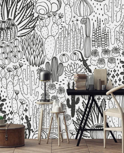 black and white cactus doodles wallpaper