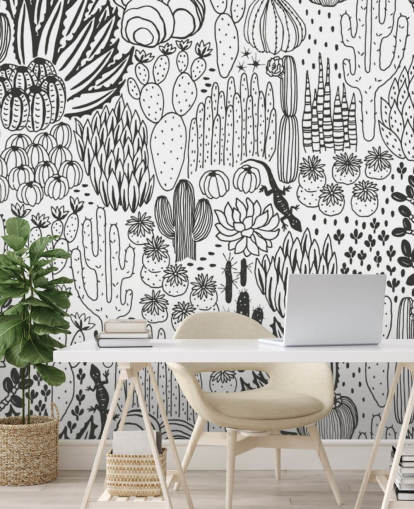 papel de parede preto e branco cactus doodles