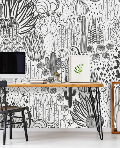 black and white cactus doodles wallpaper