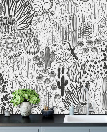 papier peint de griffonnages de cactus noir et blanc