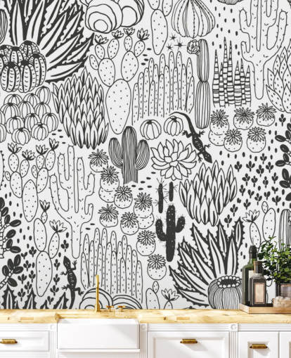 papier peint de griffonnages de cactus noir et blanc papier peint de griffonnages de cactus noir et blanc