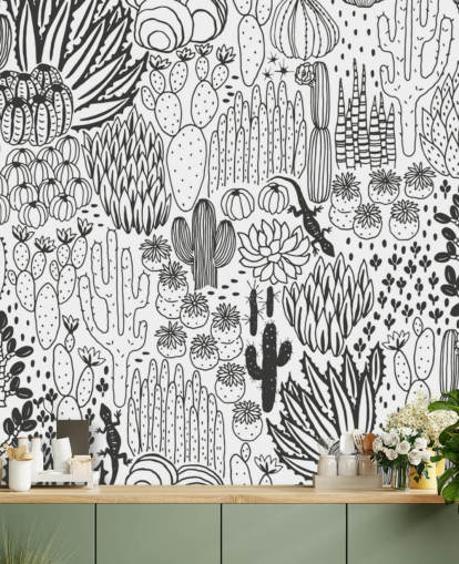mustavalkoinen kaktus doodles tapetti
