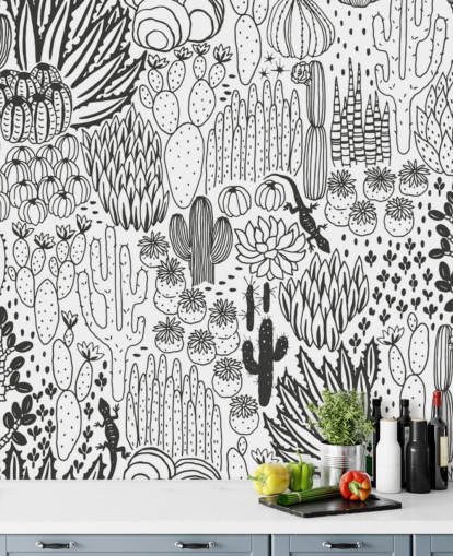 black and white cactus doodles wallpaper