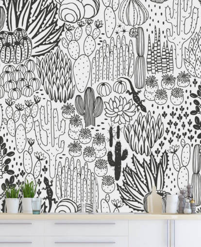 black and white cactus doodles wallpaper
