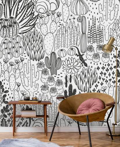 papier peint de griffonnages de cactus noir et blanc