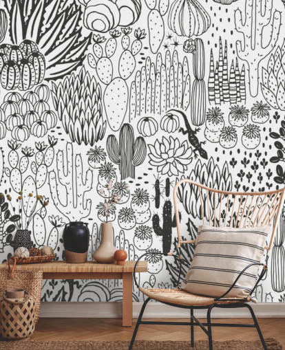 carta da parati cactus doodles in bianco e nero