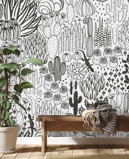zwart-wit cactus doodles behang