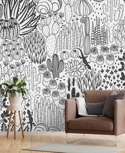 papel de parede preto e branco cactus doodles