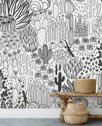 black and white cactus doodles wallpaper