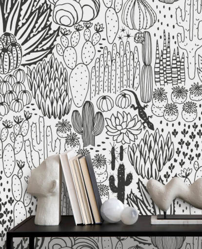 zwart-wit cactus doodles behang