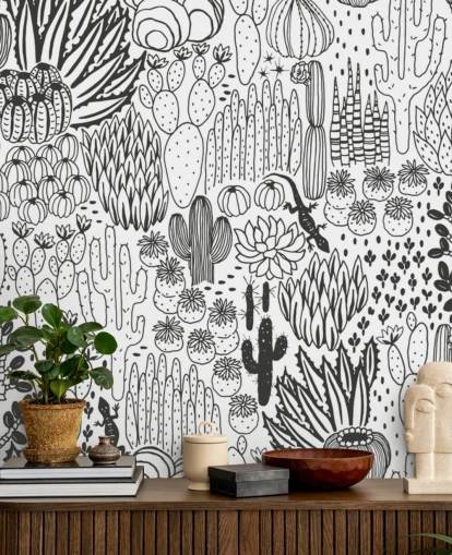 black and white cactus doodles wallpaper