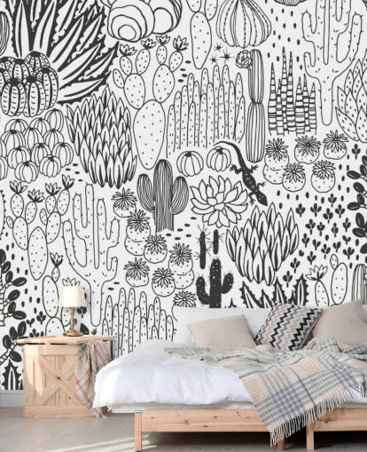 papier peint de griffonnages de cactus noir et blanc papier peint de griffonnages de cactus noir et blanc
