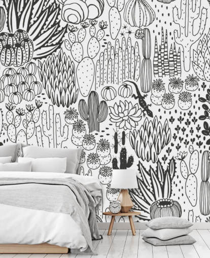 black and white cactus doodles wallpaper