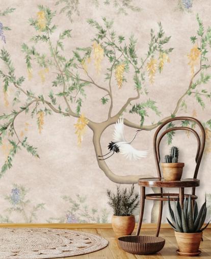 Oriental style growing tree with a light cream background, green and yellow flowers and white crane birds chinoiserie wallpaper