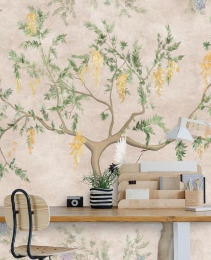 Oriental style growing tree with a light cream background, green and yellow flowers and white crane birds chinoiserie wallpaper