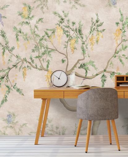 Orientalsk stil voksende træ med en lys creme baggrund, grønne og gule blomster og hvide kran fugle chinoiserie tapet