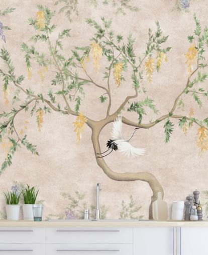 Oriental style growing tree with a light cream background, green and yellow flowers and white crane birds chinoiserie wallpaper