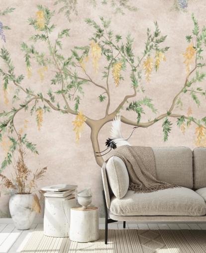 Itämaiseen tyyliin kasvava puu vaalealla kermalla taustalla, vihreät ja keltaiset kukat ja valkoinen nosturi linnut chinoiserie tapetti Itämaiseen tyyliin kasvava puu vaalealla kermalla taustalla, vihreät ja keltaiset kukat ja valkoinen nosturi linnut chinoiserie tapetti