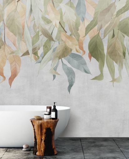 papier peint feuilles suspendues vert et brun doré