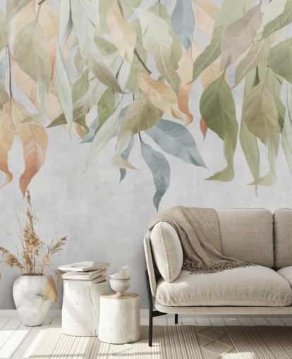 folhas penduradas verdes e douradas papel de parede