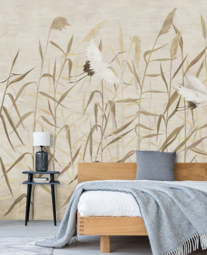 flying herons amongst reeds wallpaper