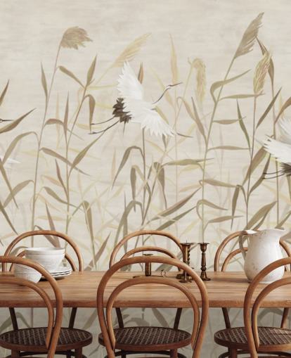 flying herons amongst reeds wallpaper