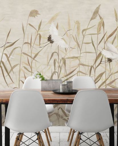 flying herons amongst reeds wallpaper