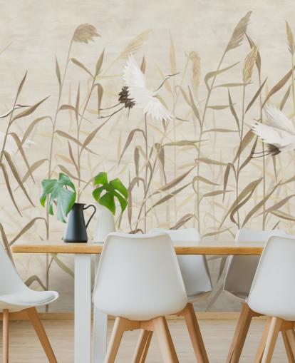 flying herons amongst reeds wallpaper