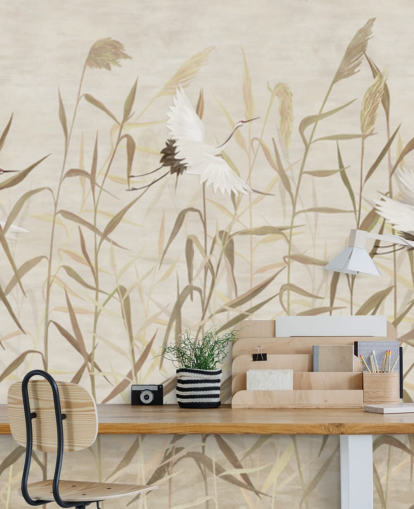 flying herons amongst reeds wallpaper