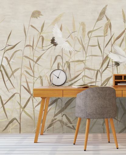 flying herons amongst reeds wallpaper
