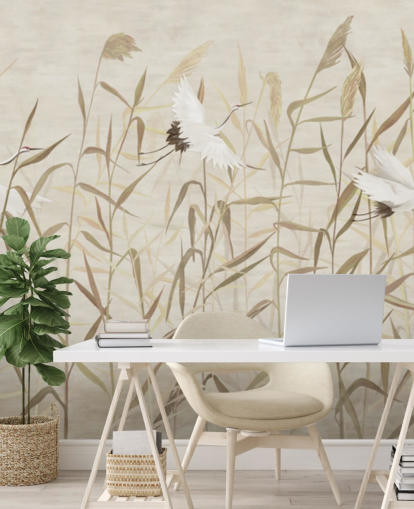 flying herons amongst reeds wallpaper