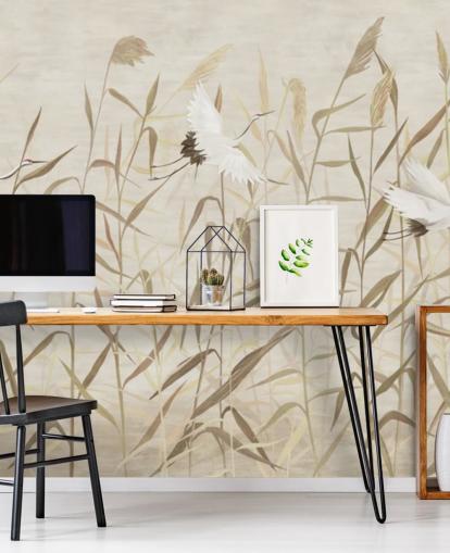 flying herons amongst reeds wallpaper