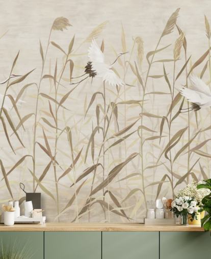 flying herons amongst reeds wallpaper