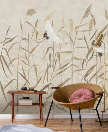 flying herons amongst reeds wallpaper