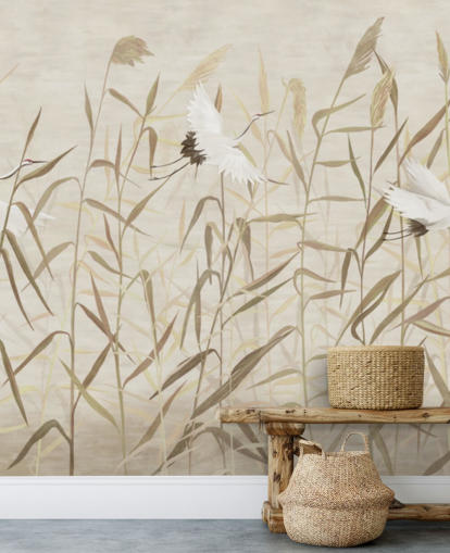 flying herons amongst reeds wallpaper