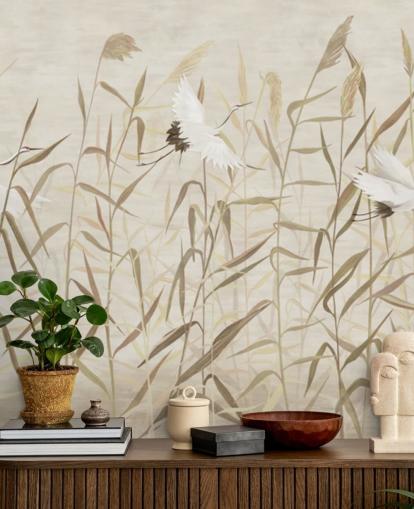 flying herons amongst reeds wallpaper