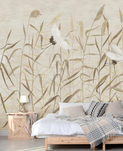 flying herons amongst reeds wallpaper