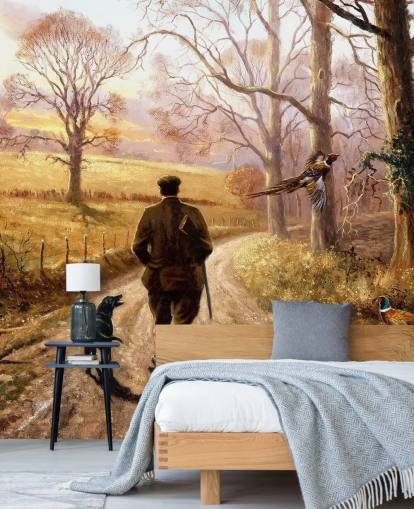 garde-chasse avec chien marchant dans le fond d'écran de campagne