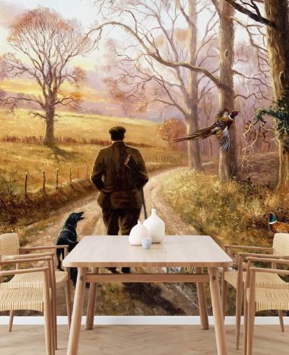 garde-chasse avec chien marchant dans le fond d'écran de campagne