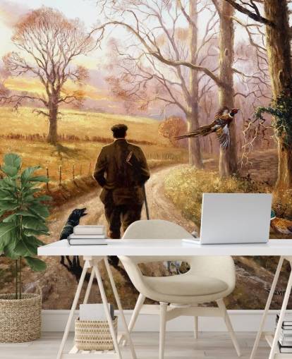 gamekeeper met hond wandelen langs country lane behang gamekeeper met hond wandelen langs country lane behang