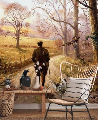 gamekeeper with dog walking down country lane wallpaper