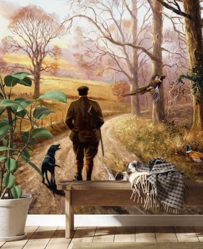 gamekeeper with dog walking down country lane wallpaper