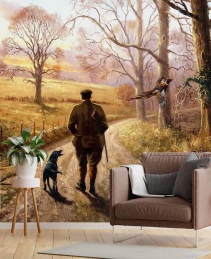 gamekeeper with dog walking down country lane wallpaper