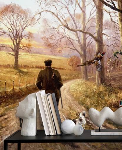 gamekeeper met hond wandelen langs country lane behang