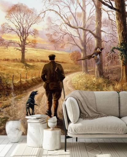 gamekeeper met hond wandelen langs country lane behang gamekeeper met hond wandelen langs country lane behang