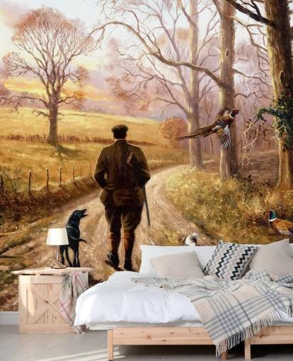 guardabosques con perro caminando por country lane fondo de pantalla