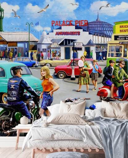 bikers and girl by road near the pier in brighton wallpaper