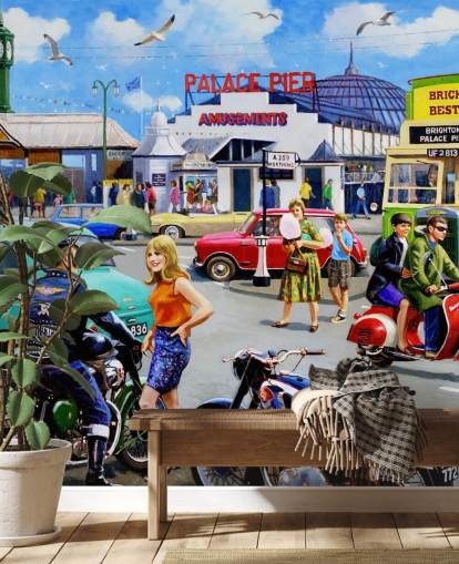 bikers and girl by road near the pier in brighton wallpaper