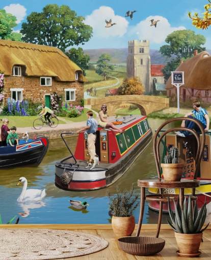 people and birds on canal with barges wallpaper