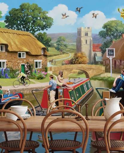 gens et oiseaux sur le canal avec des péniches papier peint